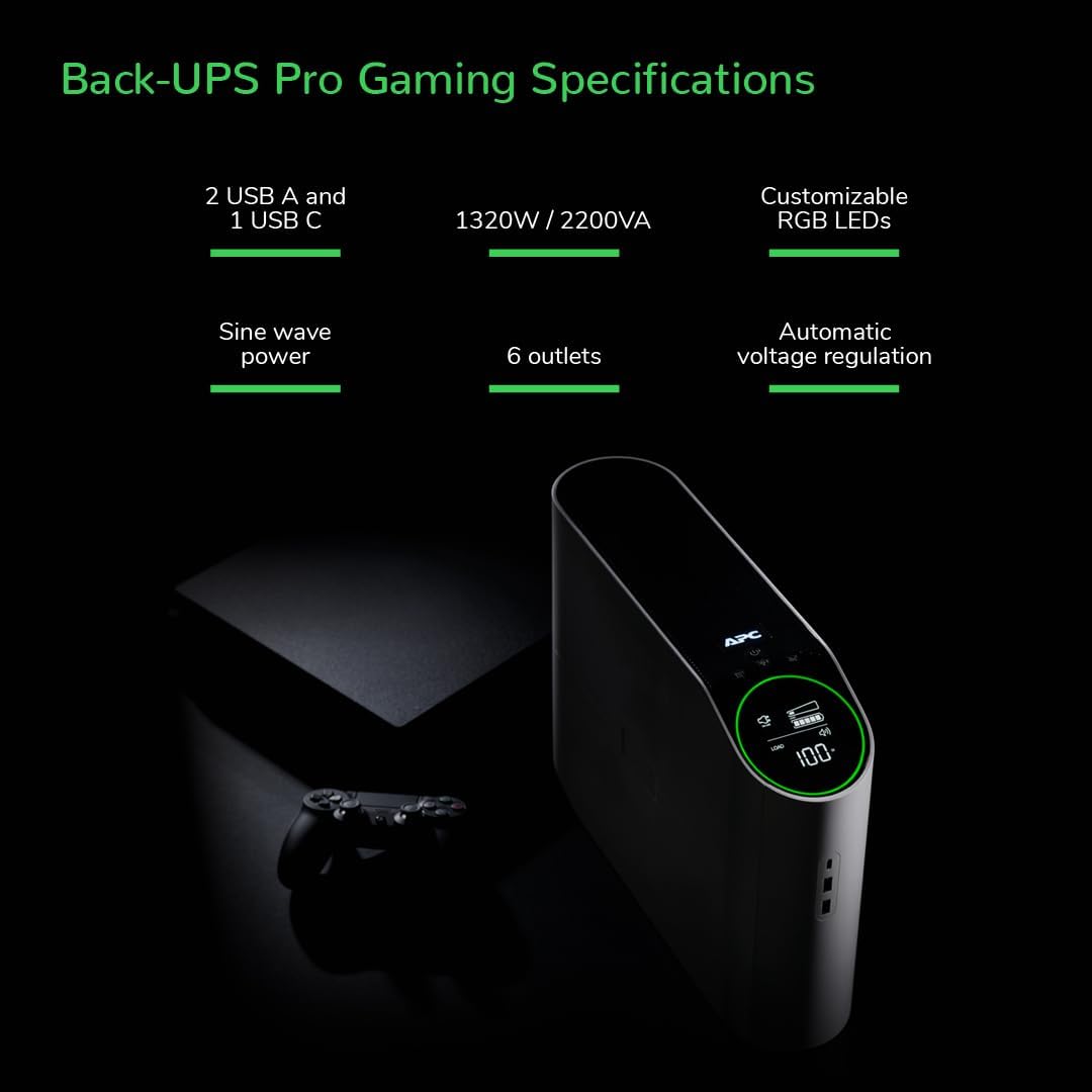 APC Gaming Back-UPS Pro 2200VA/1320W Pure Sine Wave UPS – RGB Lighting, UK Outlets, Arctic White – BGM2200-UK